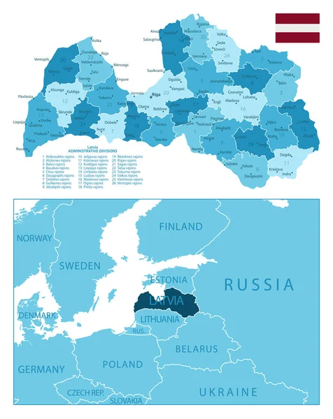 Letonia Mapa Azul Muy Detallado Ilustración Vectorial — Vector de stock