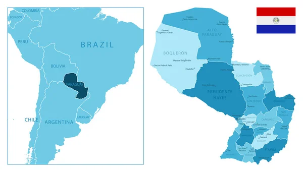 パラグアイ 非常に詳細な青地図 ベクターイラスト — ストックベクタ