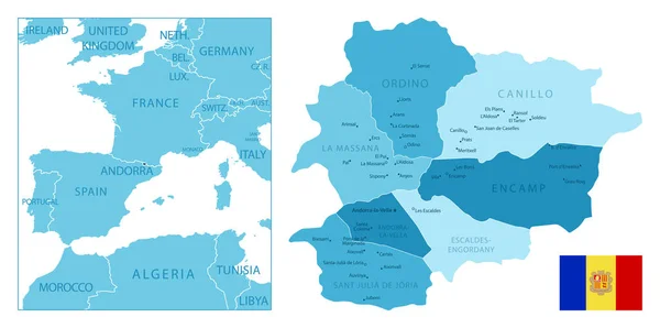 Андорра Подробная Синяя Карта Векторная Иллюстрация — стоковый вектор