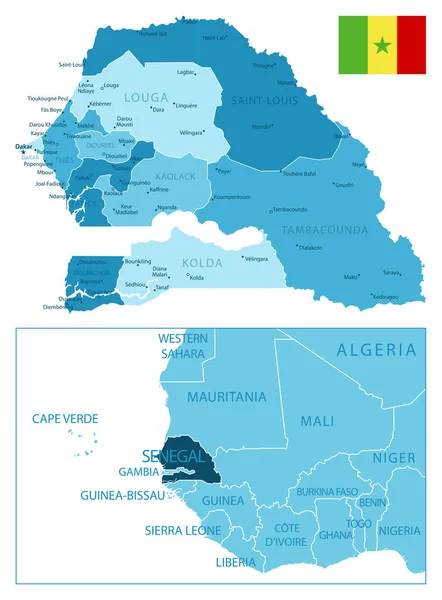 Senegal Mapa Azul Muy Detallado Ilustración Vectorial — Vector de stock