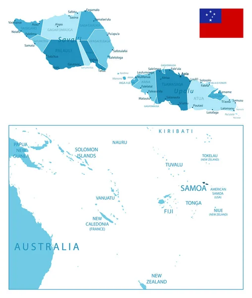 Samoa Mycket Detaljerad Blå Karta Vektorillustration — Stock vektor