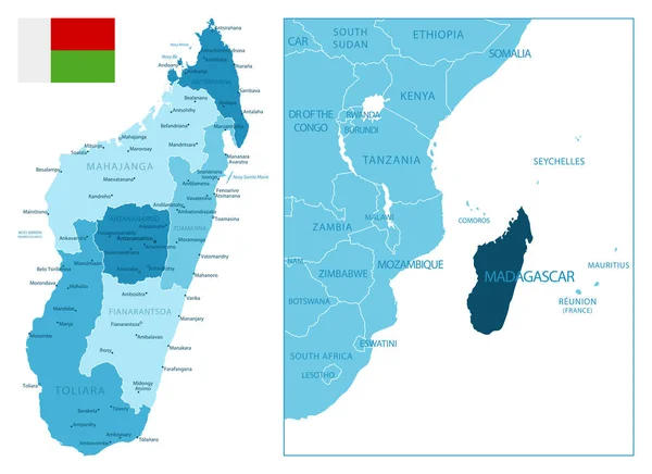 Madagaskar Çok Detaylı Mavi Harita Vektör Illüstrasyonu — Stok Vektör