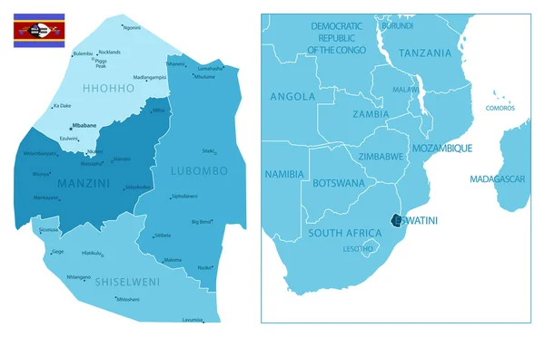 Eswatini Εξαιρετικά Λεπτομερής Μπλε Χάρτης Εικονογράφηση Διανύσματος — Διανυσματικό Αρχείο