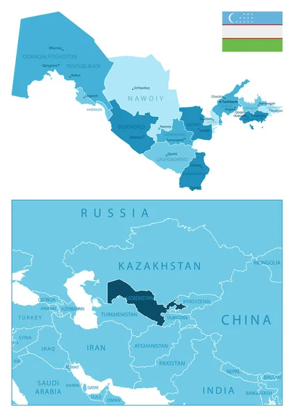 Uzbekistán Mapa Azul Muy Detallado Ilustración Vectorial — Vector de stock