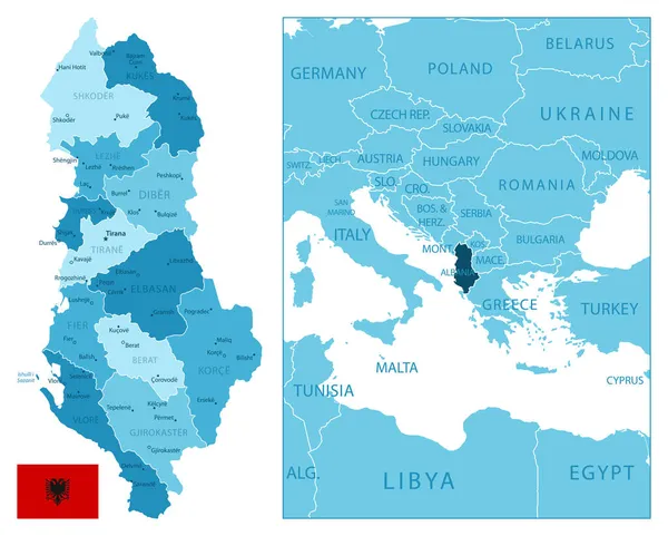 Albânia Mapa Azul Altamente Detalhado Ilustração Vetorial — Vetor de Stock