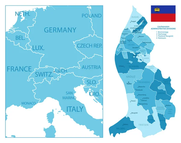 Liechtenstein Nagyon Részletes Kék Térkép Vektorillusztráció — Stock Vector