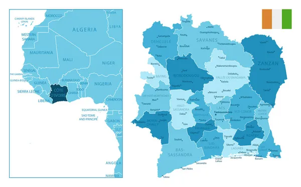 Cote Divoire 非常に詳細な青地図 ベクターイラスト — ストックベクタ