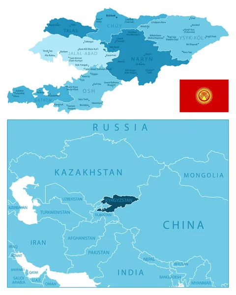 Kirguistán Mapa Azul Muy Detallado Ilustración Vectorial — Vector de stock