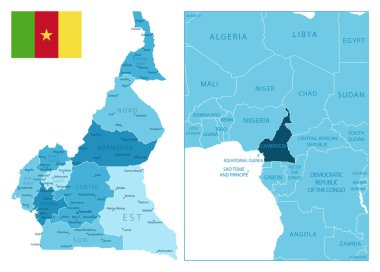 Kamerun - çok detaylı mavi harita. Vektör illüstrasyonu