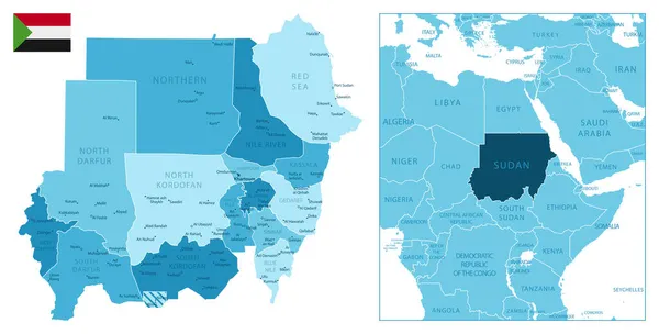 Sudan Sehr Detaillierte Blaue Landkarte Vektorillustration — Stockvektor