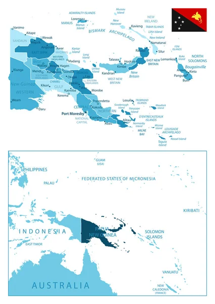 Papúa Nueva Guinea Mapa Azul Muy Detallado Ilustración Vectorial — Vector de stock