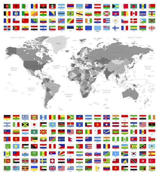 Detaillierte Weltkarte Und Flaggen Aller Länder Vektorillustration — Stockvektor