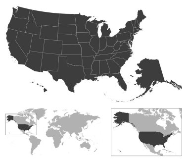 Amerika Birleşik Devletleri - detaylı ülke çizgisi ve dünya haritasındaki konumu. Vektör illüstrasyonu