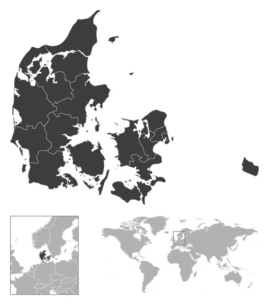 Dinamarca Esquema Detallado Del País Ubicación Mapa Del Mundo Ilustración — Vector de stock