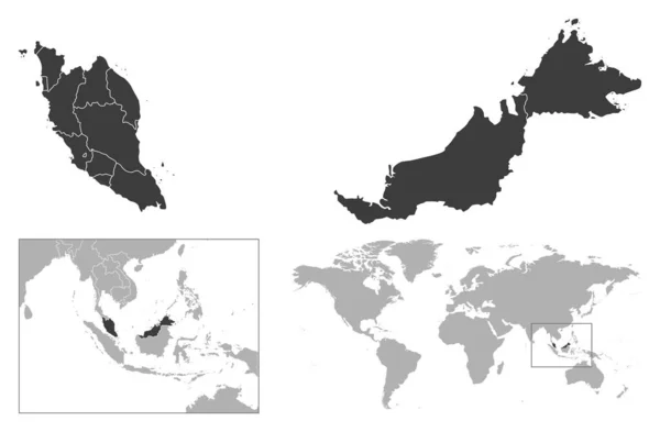 Malesia Schema Dettagliato Del Paese Posizione Sulla Mappa Del Mondo — Vettoriale Stock