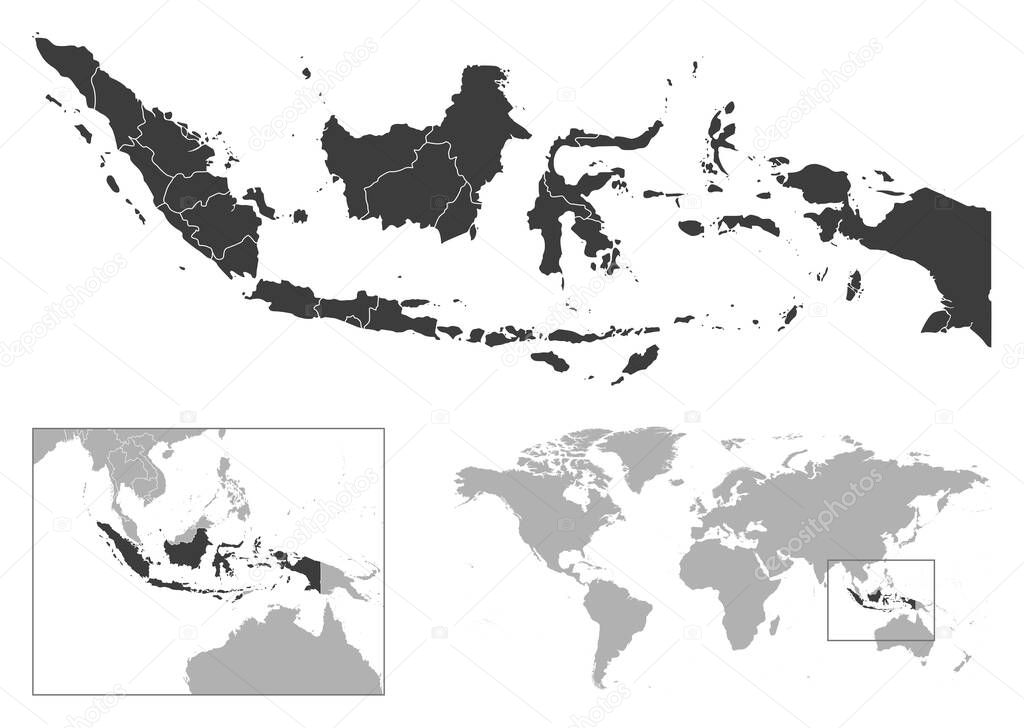 Indonesia - detailed country outline and location on world map. Vector illustration