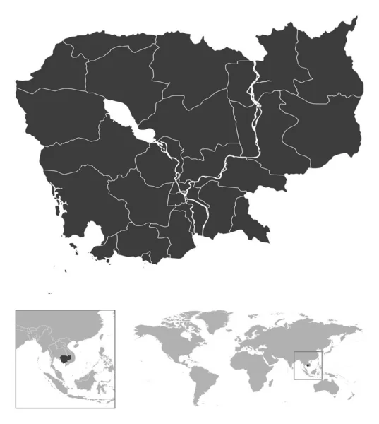 柬埔寨 详细的国家概况和世界地图上的位置 矢量说明 — 图库矢量图片