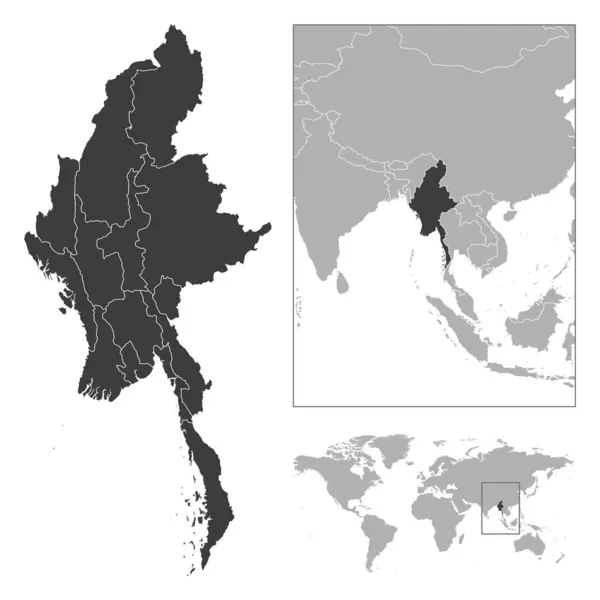 Myanmar Detaljerad Landskiss Och Läge Världskartan Vektorillustration — Stock vektor