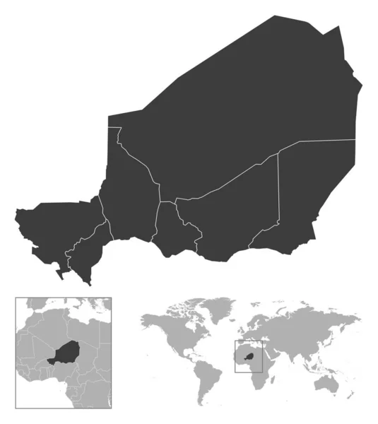 尼日尔 详细的国家纲要和世界地图上的位置 矢量说明 — 图库矢量图片