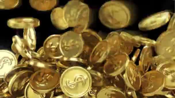 Jasne Złote Monety Znakiem Dolara Spadają Góry Dołu Wypełniając Przejrzyste — Wideo stockowe