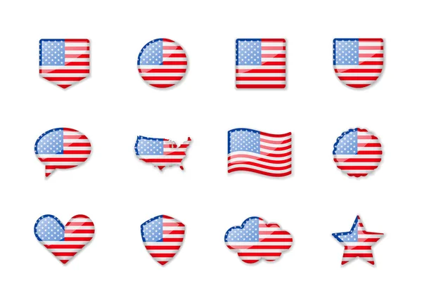 Estados Unidos América Conjunto Bandeiras Brilhantes Diferentes Formas Ilustração Vetorial —  Vetores de Stock