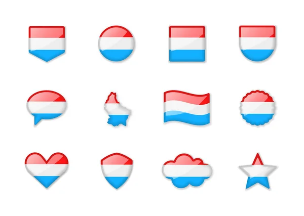 Luxemburgo Conjunto Bandeiras Brilhantes Diferentes Formas Ilustração Vetorial — Vetor de Stock