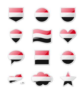 Yemen - çeşitli şekillerde çıkartma şeklinde ülke bayrakları. Vektör illüstrasyonu