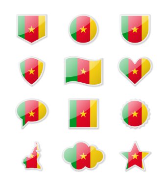 Kamerun, çeşitli şekillerde çıkartma şeklinde ülke bayrakları. Vektör illüstrasyonu