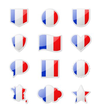 Fransa - çeşitli şekillerde çıkartma şeklinde ülke bayrakları. Vektör illüstrasyonu