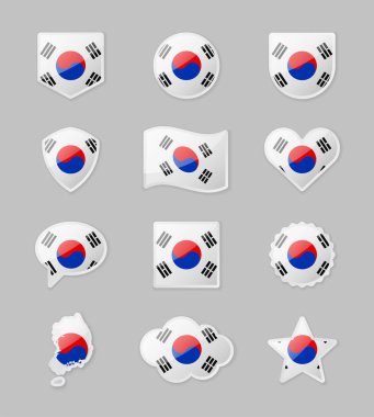 Güney Kore - çeşitli şekillerde çıkartma şeklinde ülke bayrakları. Vektör illüstrasyonu