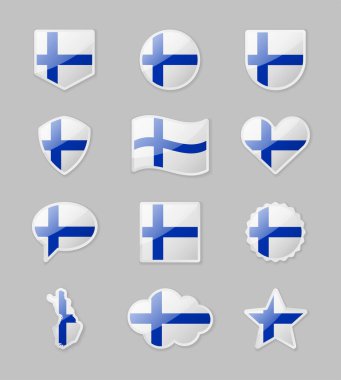 Finlandiya - çeşitli şekillerde çıkartma şeklinde ülke bayrakları. Vektör illüstrasyonu