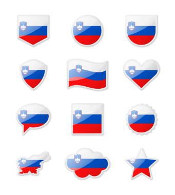 Slovenya - çeşitli şekillerde çıkartma şeklinde ülke bayrakları. Vektör illüstrasyonu