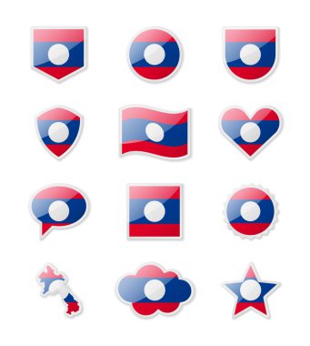 Laos - çeşitli şekillerde çıkartma şeklinde ülke bayrakları. Vektör illüstrasyonu