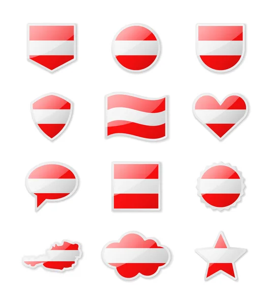 Áustria Conjunto Bandeiras Países Sob Forma Adesivos Várias Formas Ilustração — Vetor de Stock