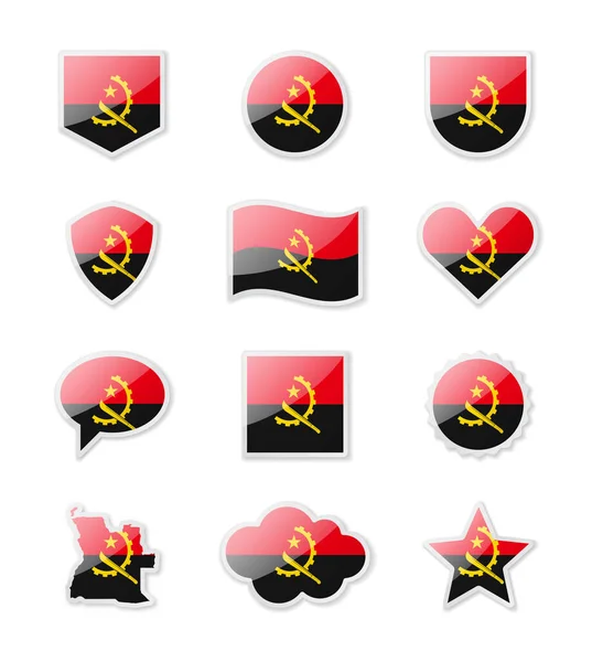 Angola Conjunto Banderas País Forma Pegatinas Diversas Formas Ilustración Vectorial — Vector de stock