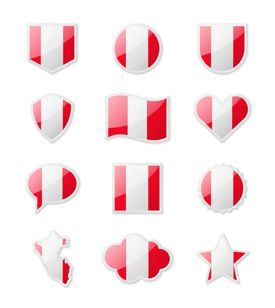 Περού Σύνολο Σημαιών Χώρας Μορφή Αυτοκόλλητων Διαφόρων Σχημάτων Εικονογράφηση Διανύσματος — Διανυσματικό Αρχείο
