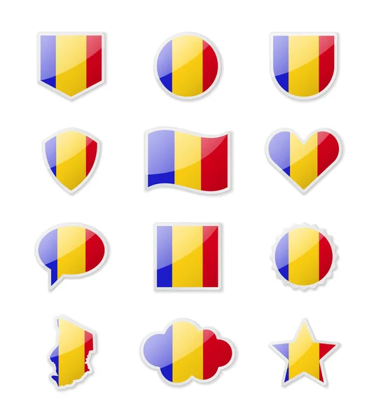 Ciad Set Bandiere Paese Sotto Forma Adesivi Varie Forme Illustrazione — Vettoriale Stock