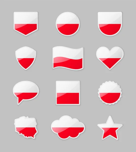 Polônia Conjunto Bandeiras País Forma Adesivos Várias Formas Ilustração Vetorial — Vetor de Stock