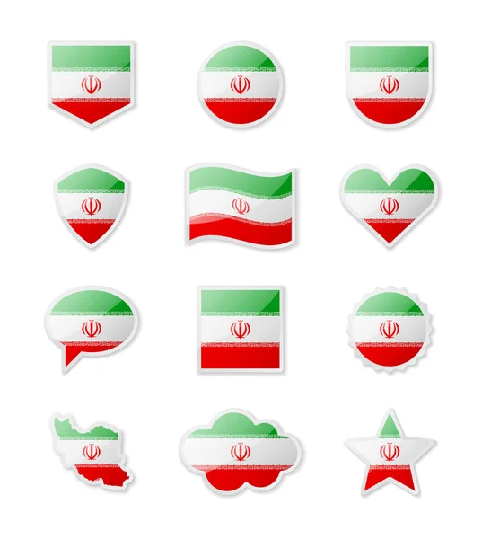 Irán Conjunto Banderas País Forma Pegatinas Varias Formas Ilustración Vectorial — Archivo Imágenes Vectoriales