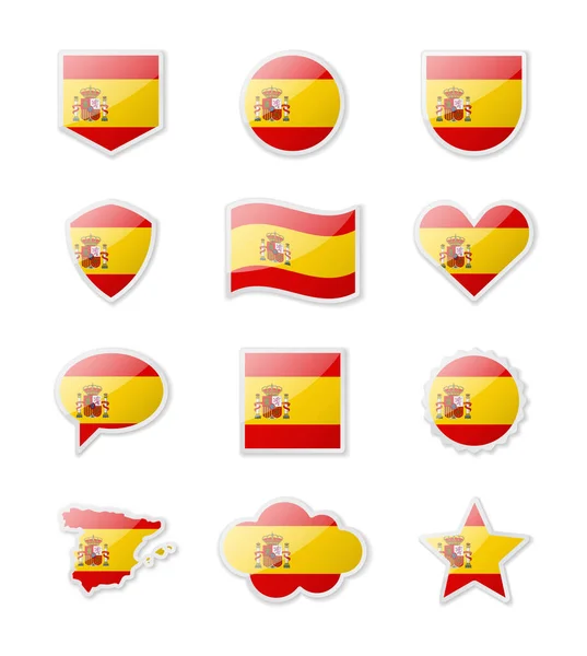 Spain Set Country Flags Form Stickers Various Shapes Vector Illustration — стоковый вектор