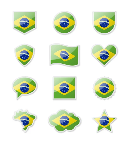 Brésil Ensemble Drapeaux Pays Sous Forme Autocollants Différentes Formes Illustration — Image vectorielle
