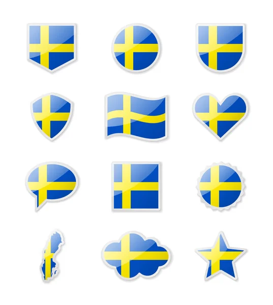 Sverige Landsflaggor Form Klistermärken Olika Former Vektorillustration — Stock vektor