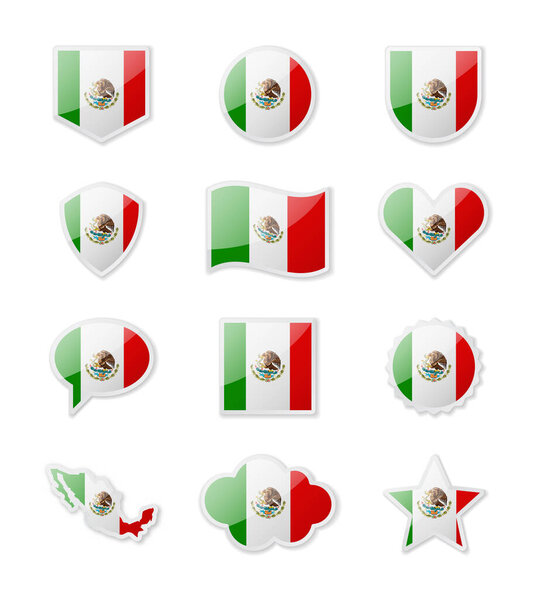 Mexico - set of country flags in the form of stickers of various shapes. Vector illustration