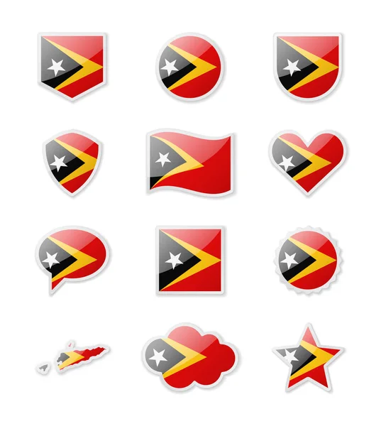 East Timor Set Country Flags Form Stickers Various Shapes Vector — стоковый вектор