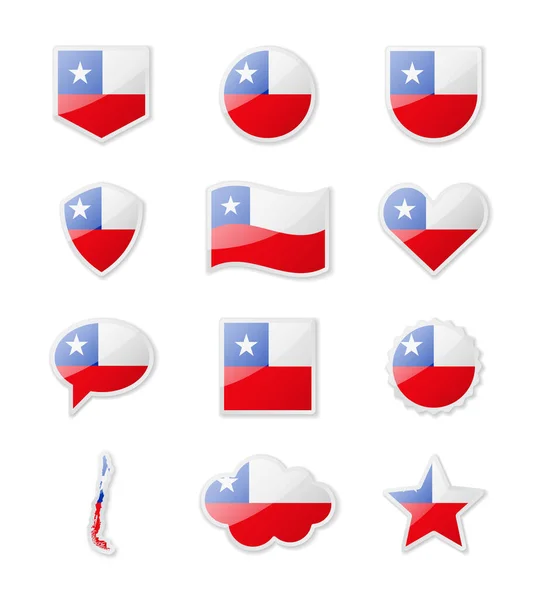 Chile Sada Vlajek Podobě Nálepek Různých Tvarů Vektorová Ilustrace — Stockový vektor
