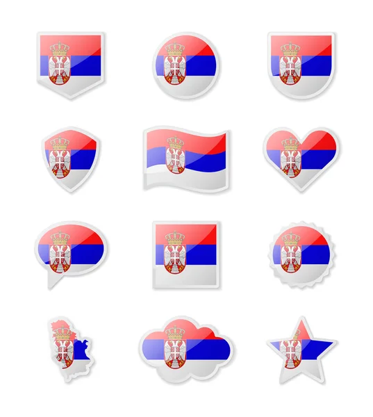 Serbia Conjunto Banderas País Forma Pegatinas Diversas Formas Ilustración Vectorial — Vector de stock