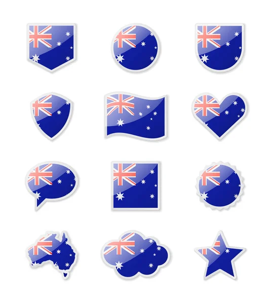 Australia Set Country Flags Form Stickers Various Shapes Vector Illustration — Vetor de Stock