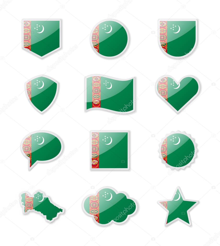Turkmenistan - set of country flags in the form of stickers of various shapes. Vector illustration