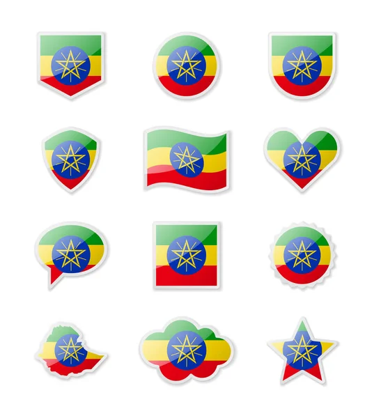 Ethiopia Set Country Flags Form Stickers Various Shapes Vector Illustration — стоковий вектор