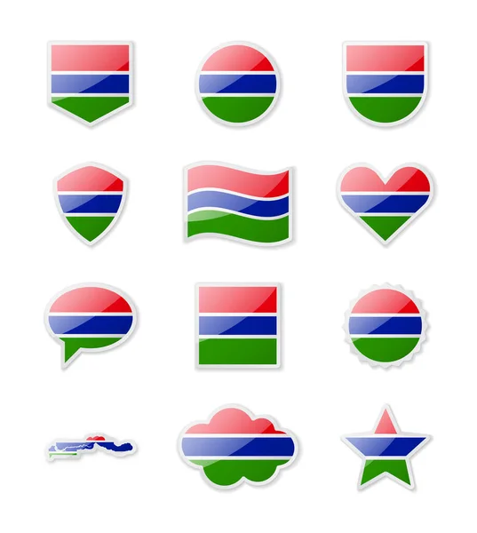 Gambia Conjunto Banderas País Forma Pegatinas Varias Formas Ilustración Vectorial — Vector de stock